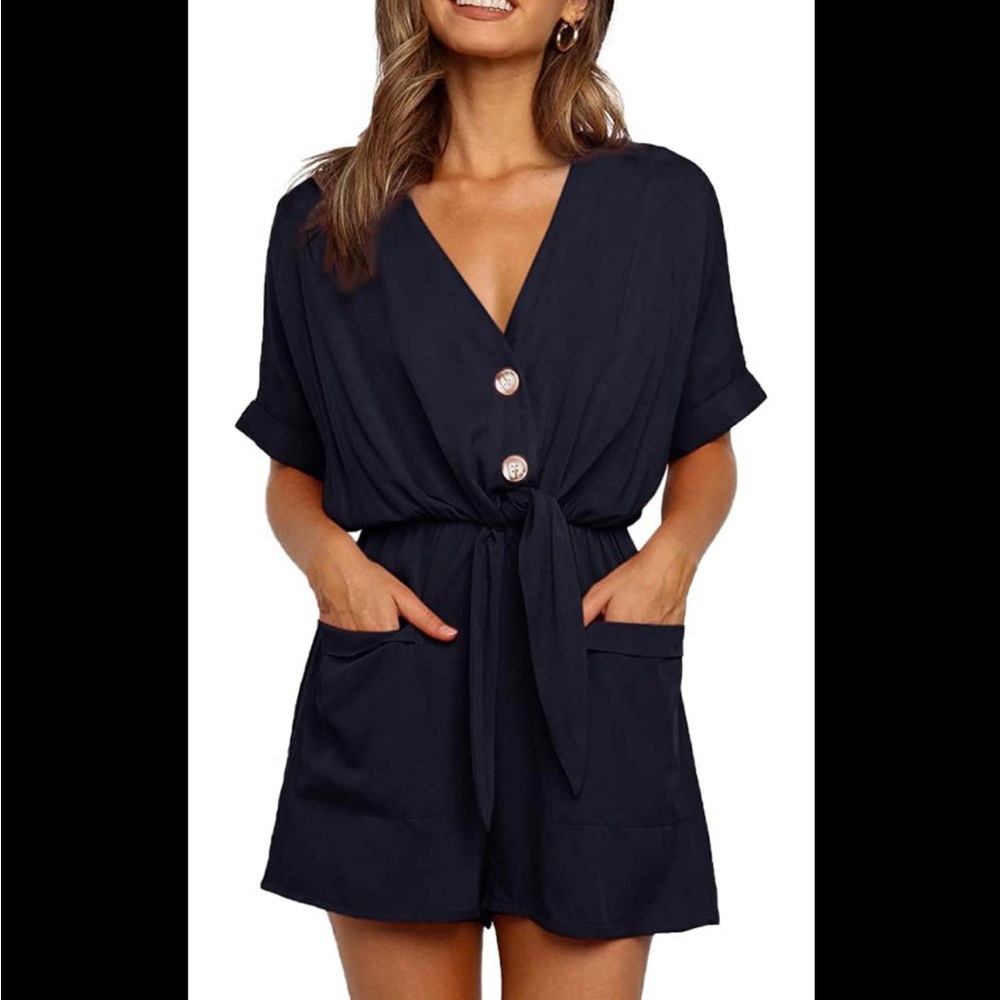 Navy Button Romper